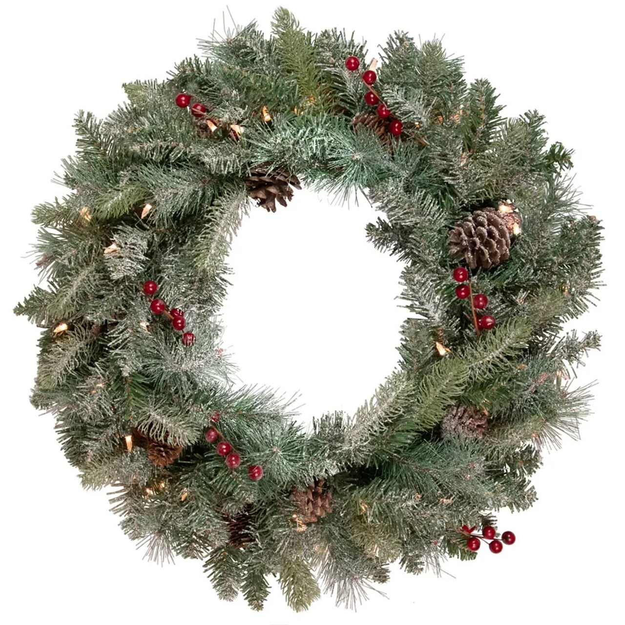 Prelit Snowy Waterloo Pine Artificial Christmas Wreath with Clear Lights 24 Inch